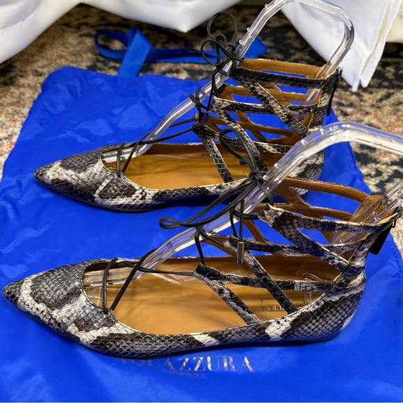 Aquazzura ‘Belgravia’ Two-Tone Snakeskin Ankle-Tie Flats Size 11 ASO Duchess Meg - Picture 6 of 16